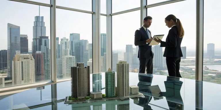 Professionals discussing a strategic property management plan with building models in an office.