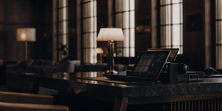 Modern multifamily leasing office desk with property management dashboard