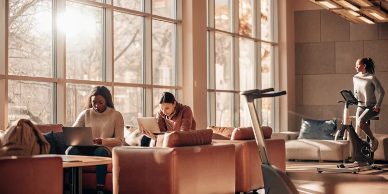 Students using modern study and wellness amenities