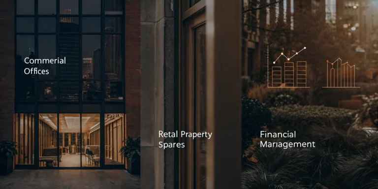 Commercial real estate portfolio with office buildings and financial growth charts
