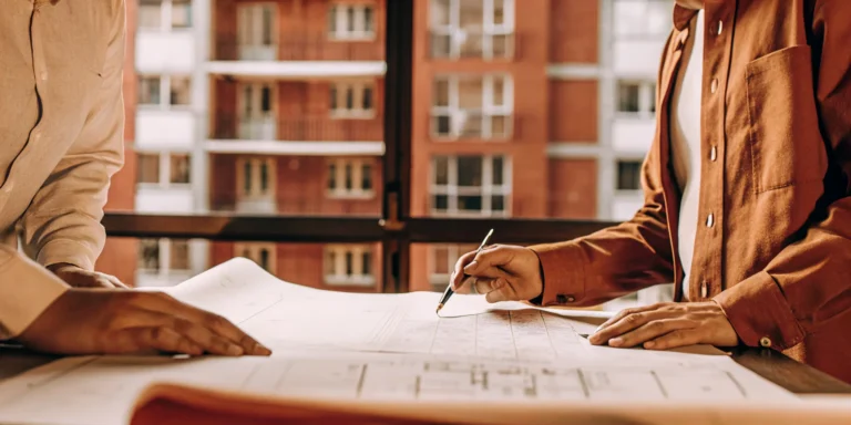 Property owners and managers reviewing financial plans and blueprints around a conference table