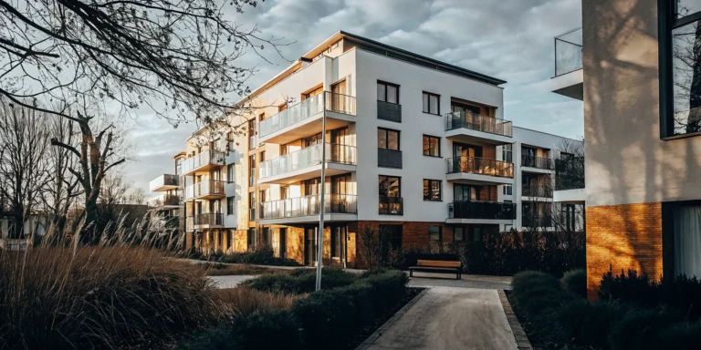 Modern multifamily apartment building exterior with well-maintained landscaping