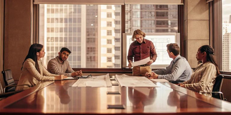 Professional property management team meeting in modern office