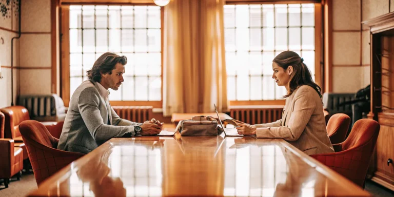 Property manager and property owner reviewing legal documents in a bright professional office