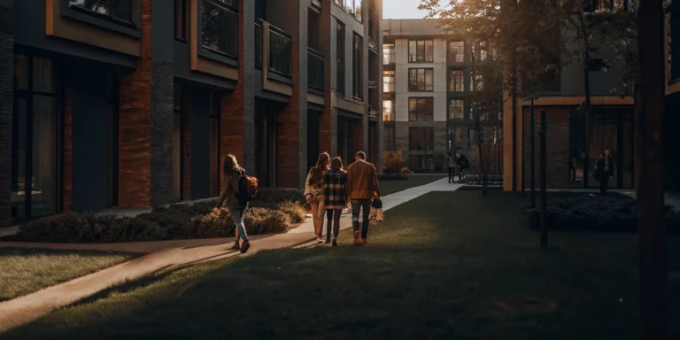 Modern student housing apartment complex near a university campus