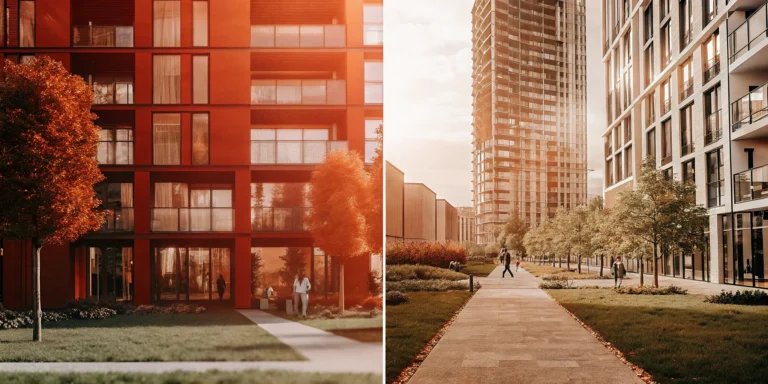 Split-view comparison of off-campus student housing and luxury apartment buildings representing two distinct real estate asset classes