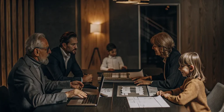 Multi-generational family reviewing real estate portfolio documents and property blueprints in a professional meeting room