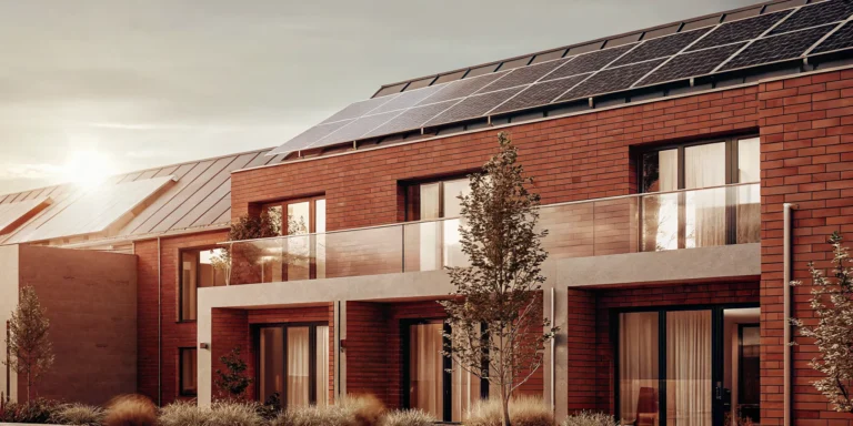 Modern sustainable apartment building with solar panels and green landscaping
