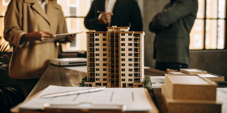 Professional property management tenant screening process with documents and apartment building