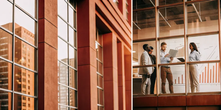 Professional commercial real estate building with financial charts showing NOI growth and triple net lease management analytics
