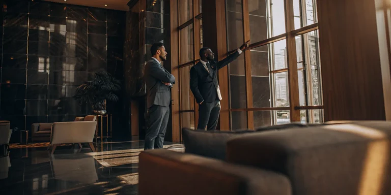 Asset manager and investor reviewing commercial portfolio performance in a modern office lobby