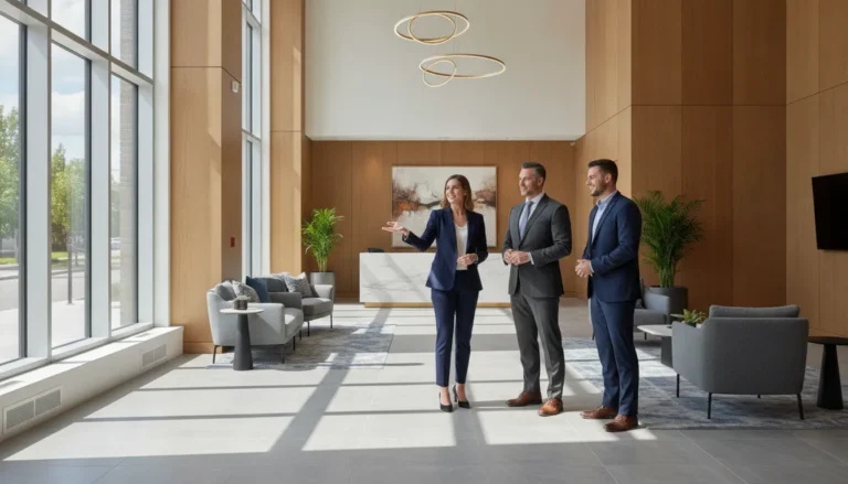 Property manager and investor reviewing a multifamily apartment building