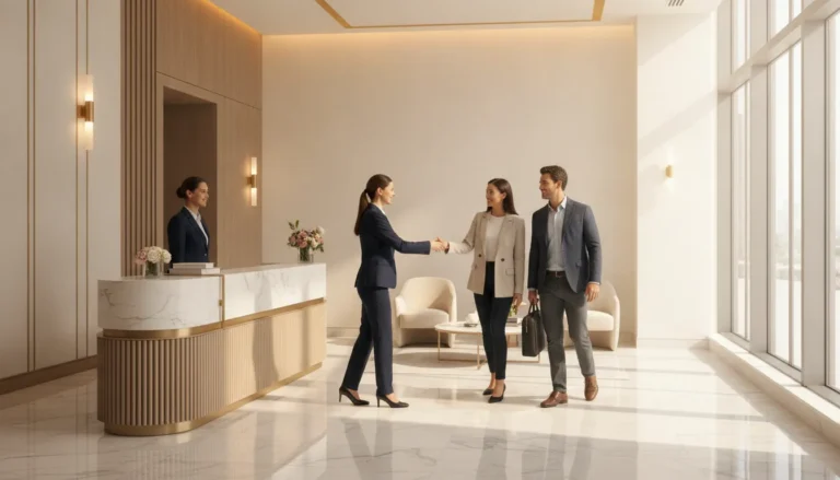 Property manager welcoming residents in the lobby of a modern luxury apartment building