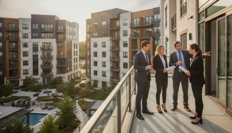 Property management team and investor reviewing a modern multifamily portfolio