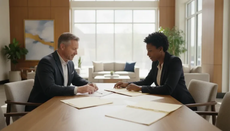 Property owner and manager reviewing lease and compliance documents at a multifamily property