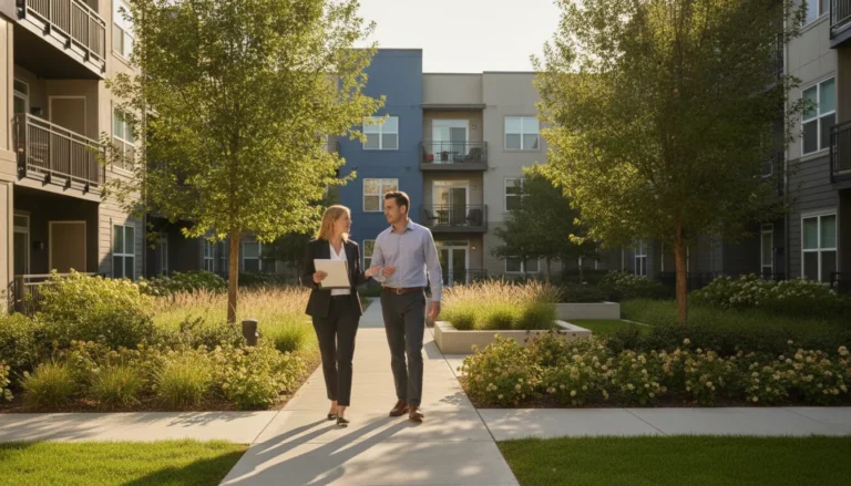 Property manager walking with an owner through a sunlit multifamily apartment courtyard