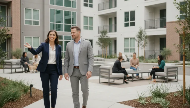 Property manager walking through a multifamily community with an owner