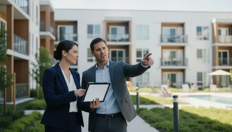 Real estate asset manager reviewing a property portfolio with a management professional at a multifamily community
