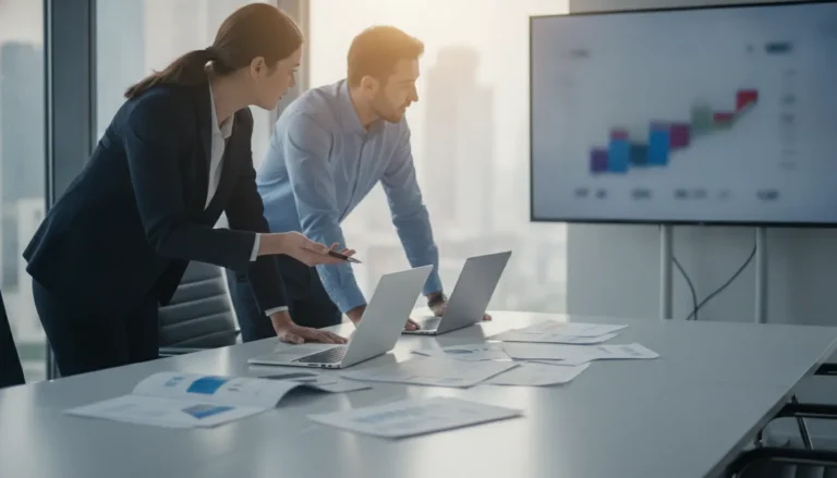 Investors and a property manager reviewing multifamily financial projections and underwriting at an office table