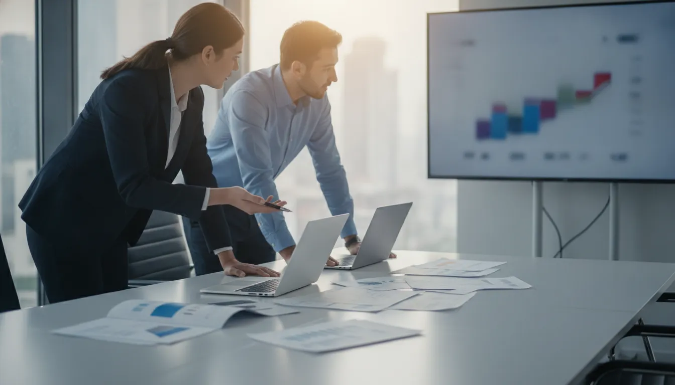 Investors and a property manager reviewing multifamily financial projections and underwriting at an office table