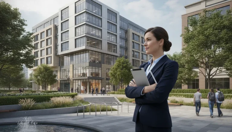 Commercial property manager reviewing a modern mixed-use building