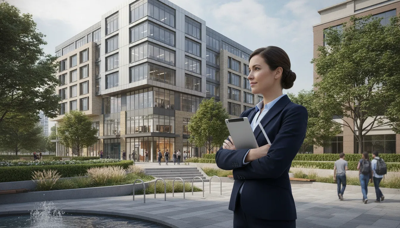 Commercial property manager reviewing a modern mixed-use building