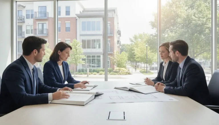 Property owner and management team reviewing a modern multifamily property