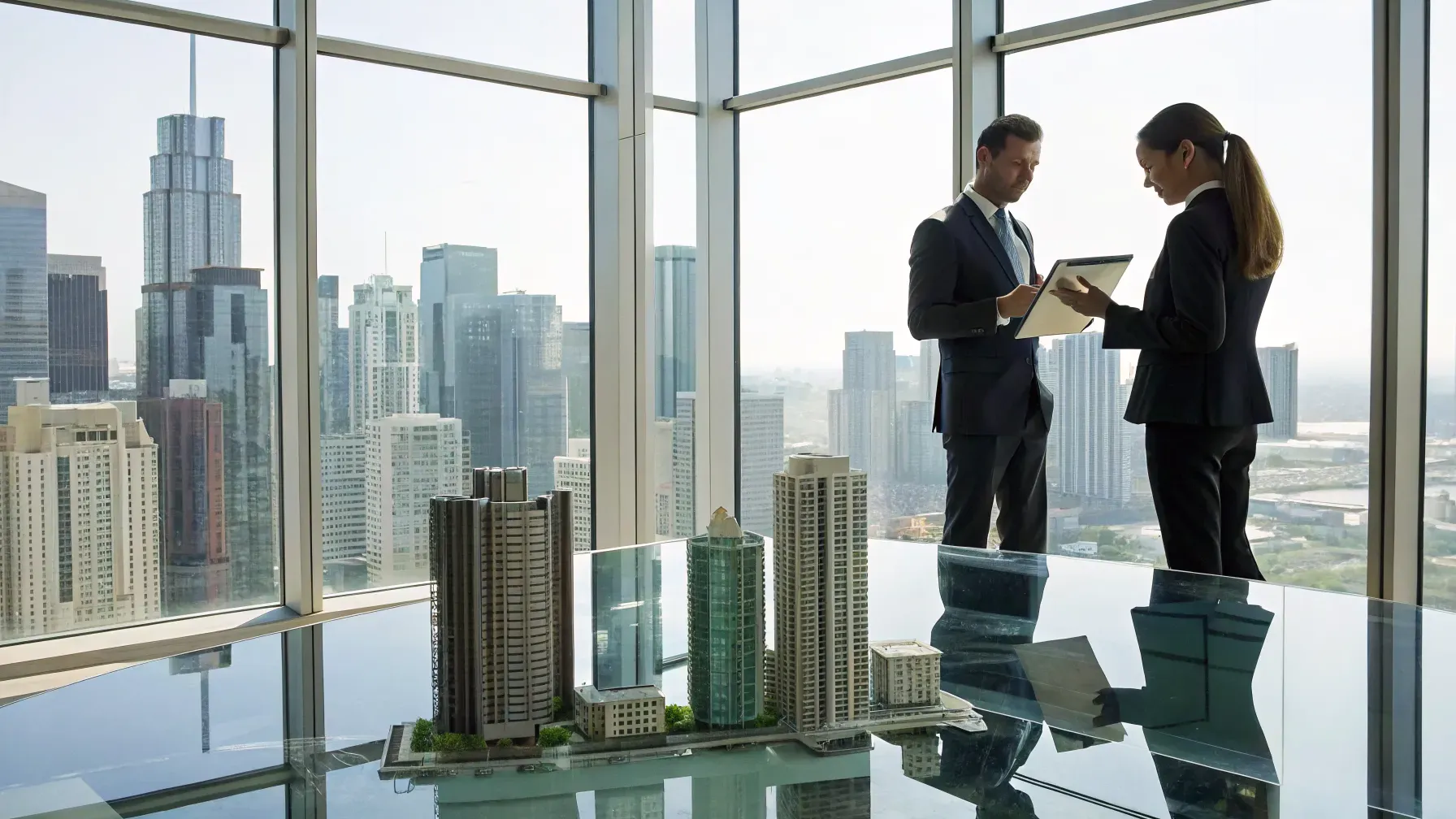 Professionals discussing a strategic property management plan with building models in an office.
