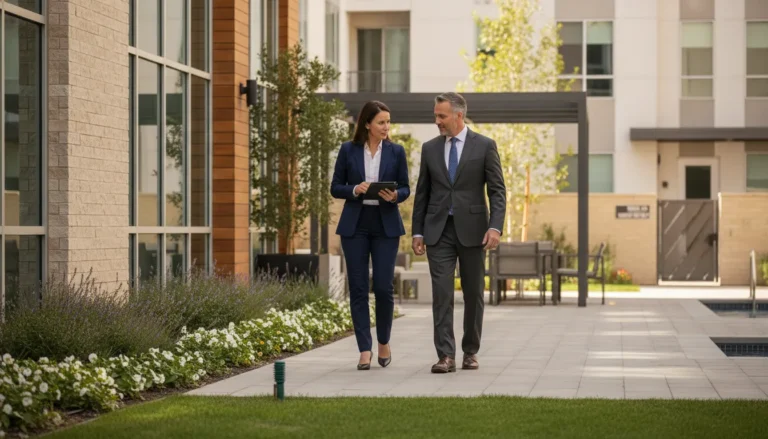 Residential property manager walking through a multifamily community with an owner