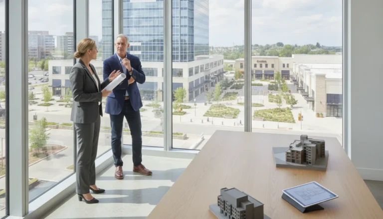 Commercial property manager reviewing a modern mixed-use property