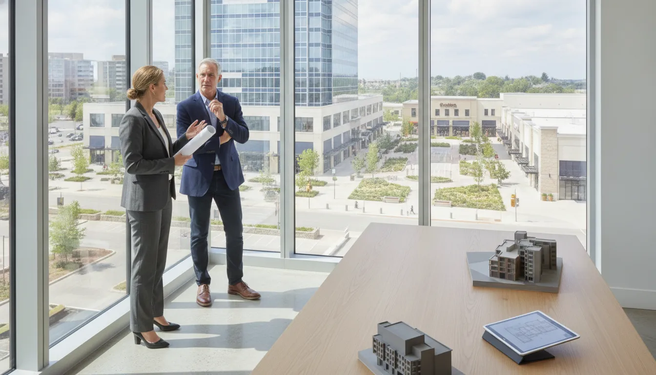 Commercial property manager reviewing a modern mixed-use property