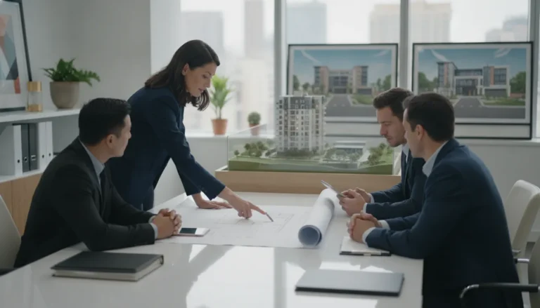 Property owner and management team reviewing a modern multifamily property