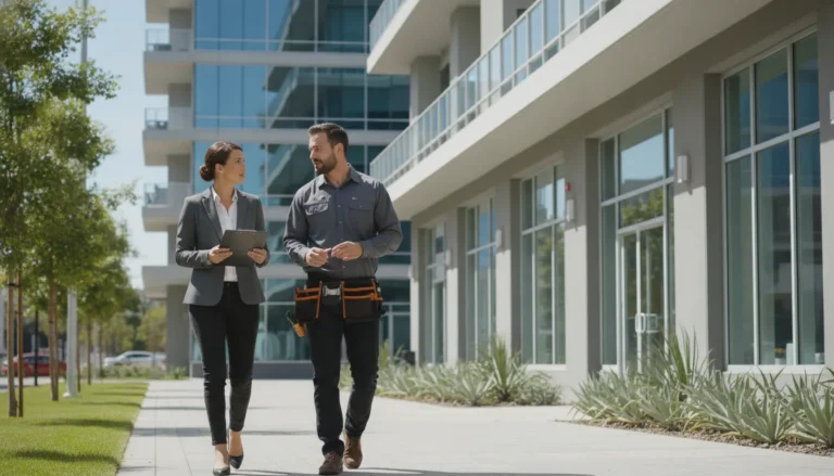 Property manager and maintenance technician coordinating work at a modern multifamily property