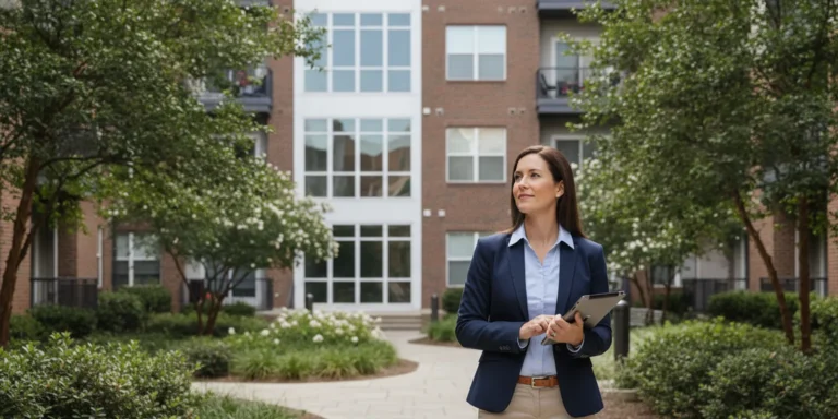 On-site team member reviewing a student housing property's shared courtyard and building operations