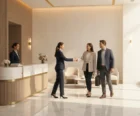 Property manager welcoming residents in the lobby of a modern luxury apartment building {{brizy_dc_image_alt entityId=