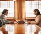 Property manager and property owner reviewing legal documents in a bright professional office {{brizy_dc_image_alt entityId=