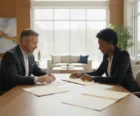 Property owner and manager reviewing lease and compliance documents at a multifamily property {{brizy_dc_image_alt entityId=